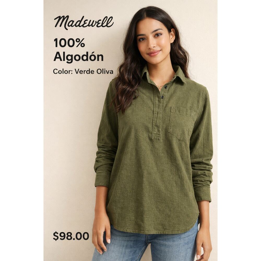 Madewell Olive Green 100% Cotton Top XS Back Button Detail